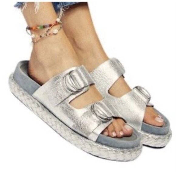 FREE PEOPLE Silver Panama Leather Platform Sandal 38 (8) Boho Buckle - Picture 1 of 9